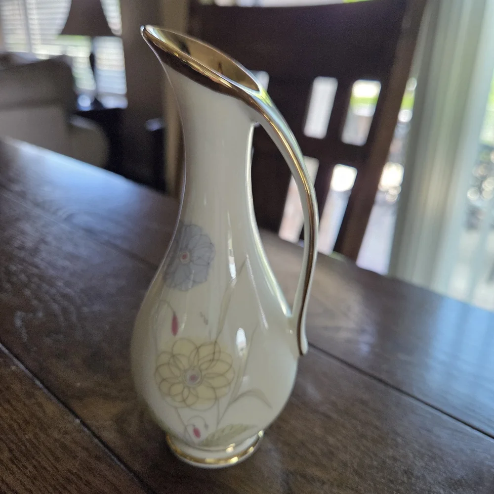 Mid Century Asymetic Floral Vase With Handle Floral With Gold Trim